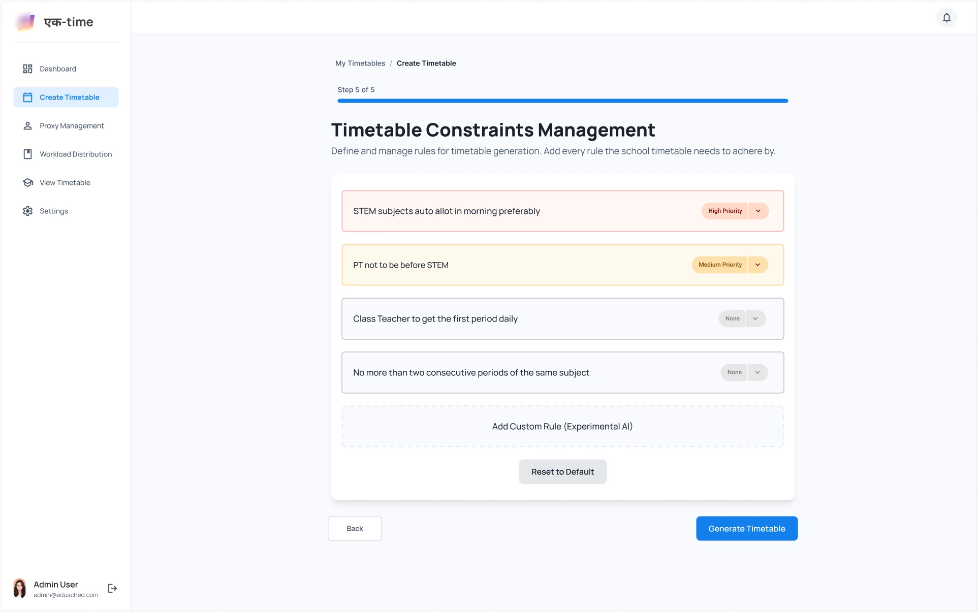 Timetable Generation: School Configuration
